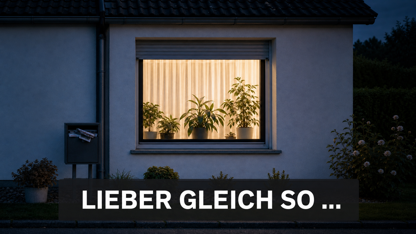 Beleuchtetes Fenster mit geöffnetem Rollladen und Zimmerpflanzen